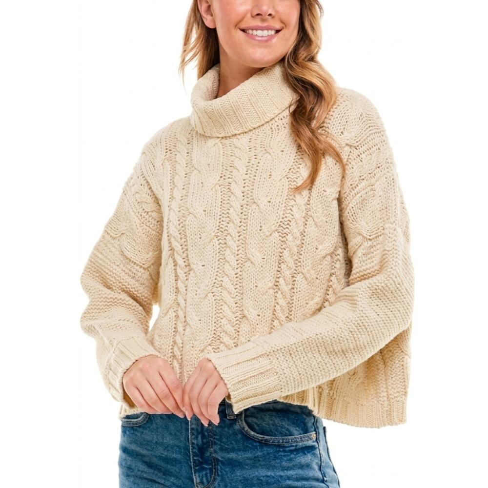 Sz Med LOVE TREE Cream Thick Cable-Knit Turtle-neck Long-sleeve Crop Sweater